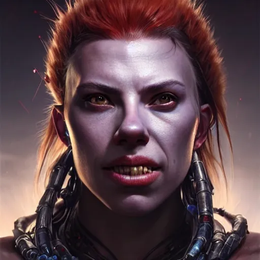 Image similar to portrait painting of a cyberpunk orc shaman extremely muscular ugly scarlett johansson with bad teeth, ultra realistic, concept art, intricate details, eerie, highly detailed, photorealistic, octane render, 8 k, unreal engine. art by artgerm and greg rutkowski and charlie bowater and magali villeneuve and alphonse mucha