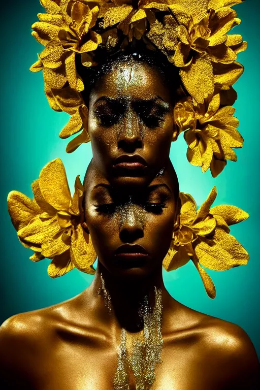Image similar to hyperrealistic post - dada cinematic very expressive! profile black oshun goddess, shoulders from water!!, mirror dripping droplet!, gold flowers, highly detailed face, digital art masterpiece, smooth eric zener cam de leon, dynamic pearlescent teal light, low angle uhd 8 k, sharp focus