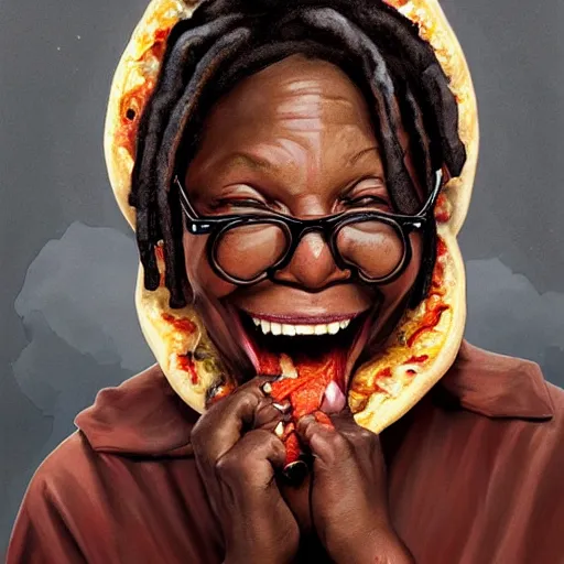 Prompt: portrait of whoopi goldberg opening his mouth to eat pizza, highly detailed, digital painting, artstation, concept art, sharp focus, illustration, art by artgerm and greg rutkowski and alphonse mucha