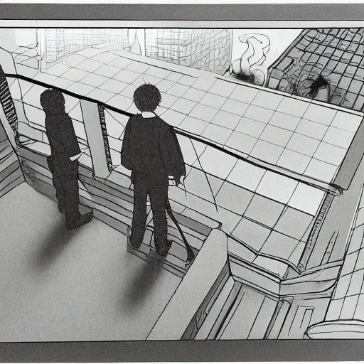 Image similar to manga illustration, two men standing at the edge of reality, dynamic perspective, y 2 k, unknown