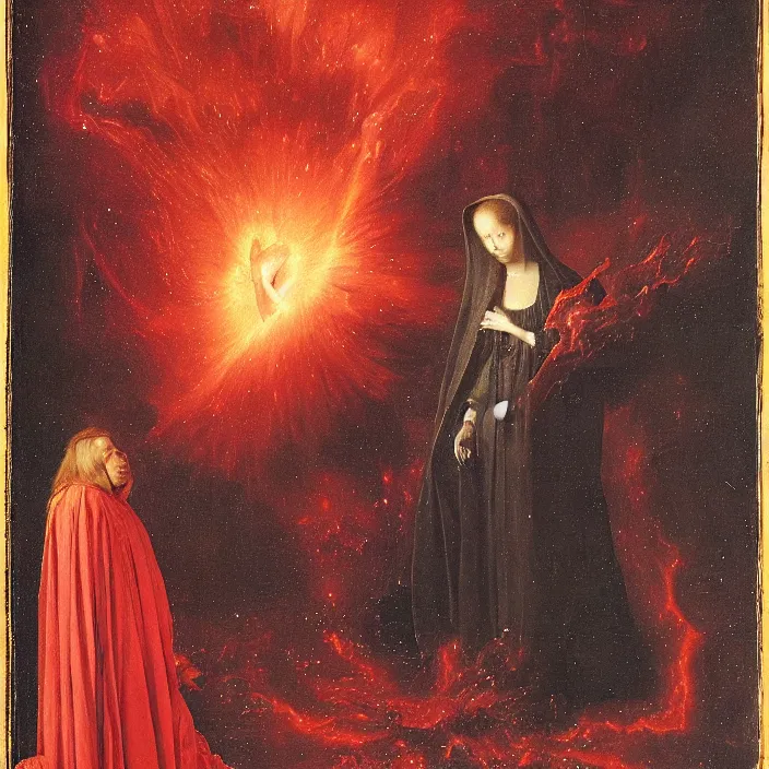 Prompt: a closeup portrait of a cloaked woman floating next to a demon nebula, demon nebula, by jan van eyck