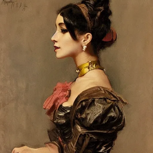 Image similar to Portrait of Ariana Grande in a steampunk blouse, vintage shading, by Ilya Repin