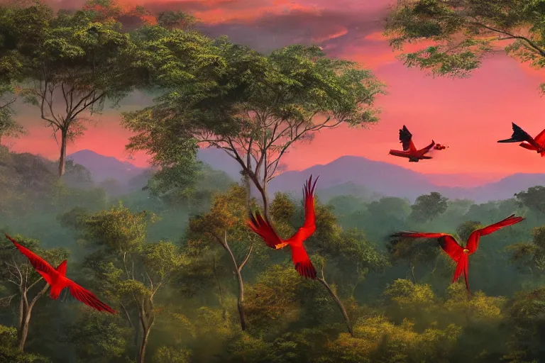 Prompt: gorgeous scarlet macaws flying at beautiful sunset in the distance through the forest, jungle mountains in the background, highly detailed, trending on art station, very detailed birds, art by greg rutkowksi