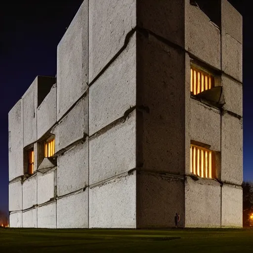 Image similar to a sci - fi brutalist castle built in brutalism architecture, diverse unique building geometry full of shapes and corners, photography at night