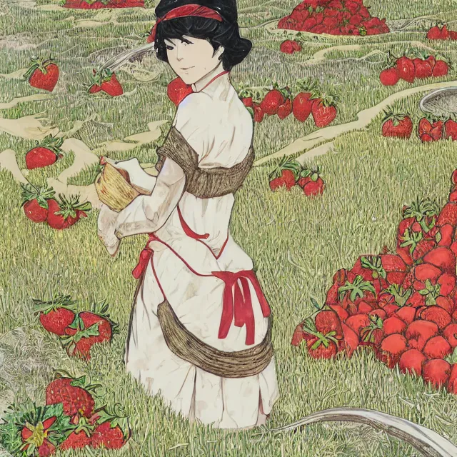 Prompt: the lone maid in the strawberry ice hills. gouache and gold leaf by the award - winning mangaka