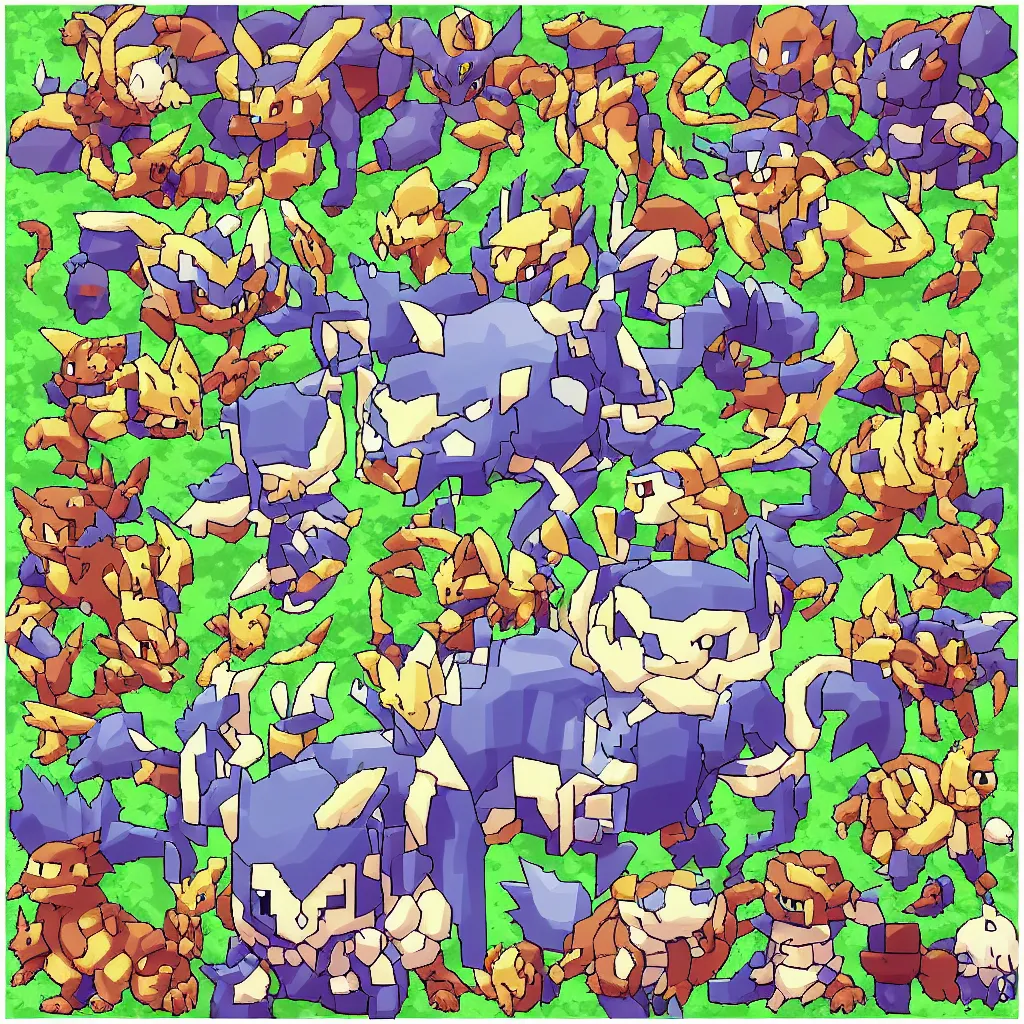 Image similar to pixelated pokemon monster inspired by ragnarok online, 1 2 8 bit, 1 0 0 0 x 1 0 0 0 pixel art, 4 k, super detailed, nintendo game, pixelart, high quality, no blur, sharp geometrical squares, concept pixelart