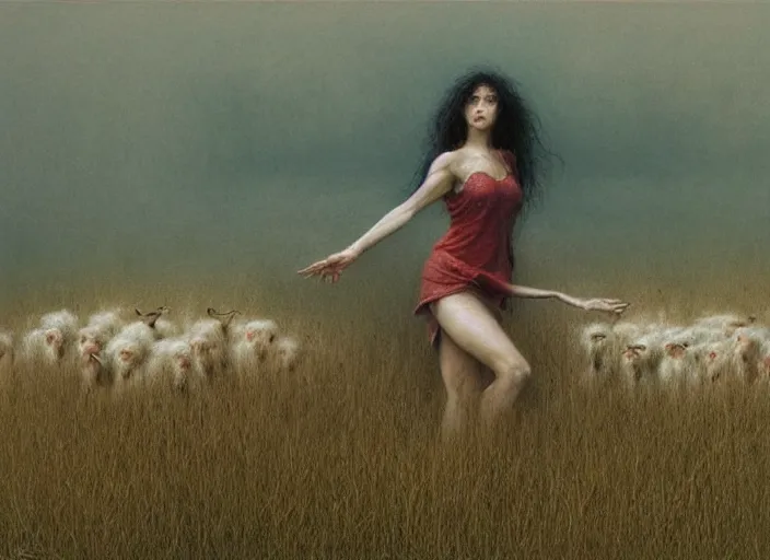 Prompt: shepherdess grazes sheep on a green meadow by Luis Royo and Beksinski