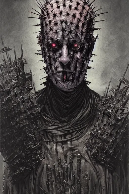 Prompt: portrait of pinhead hellraiser cenobite by hr giger, greg rutkowski, luis royo and wayne barlowe as a diablo, resident evil, dark souls, bloodborne monster