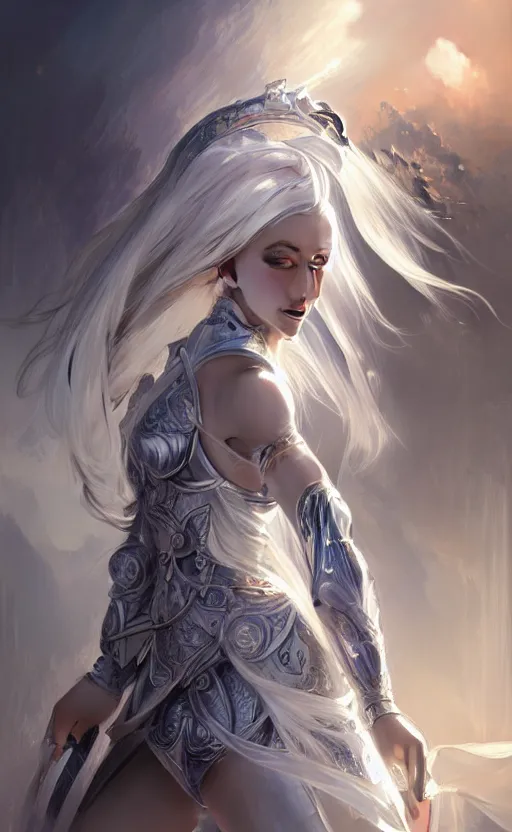 Image similar to portrait white hair knights of zodiac girl, sliver ice color reflected armor, in ruined agora of athens sunrise, ssci - fi and fantasy, intricate and very very beautiful and elegant, highly detailed, digital painting, artstation, concept art, smooth and sharp focus, illustration, art by tian zi and wlop and alphonse mucha