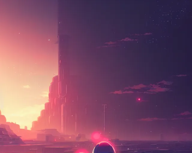 Image similar to anime illustration of a menacing planet sized mech, in ruined city, wide shot, bokeh, ilya kuvshinov, anime, pixiv top monthly, trending on artstation, cinematic, danbooru, zerochan art, kyoto animation