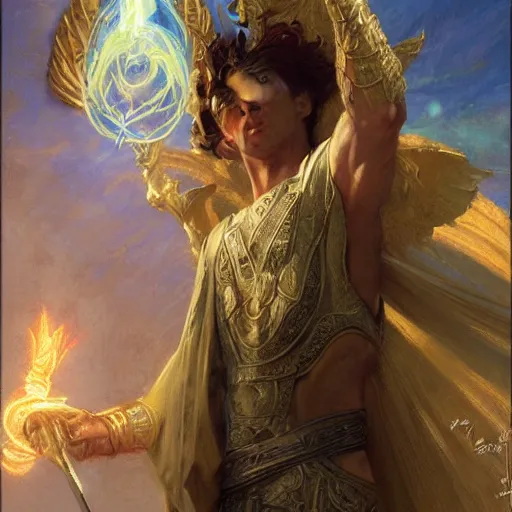 Image similar to attractive male deity casts light spell, summons attractive male lucifer morningstar. highly detailed painting by gaston bussiere, craig mullins, j. c. leyendecker 8 k