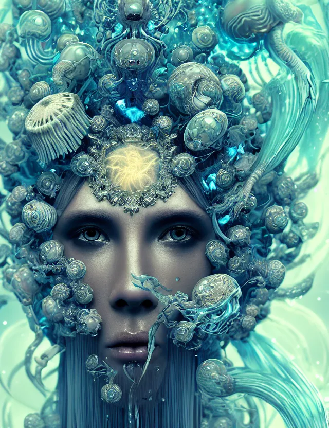 Image similar to goddess macro close - up portrait in crown made of ram skull. betta fish, jellyfish phoenix, bioluminiscent, plasma, ice, water, wind, creature, super intricate ornaments artwork by tooth wu and wlop and beeple and greg rutkowski