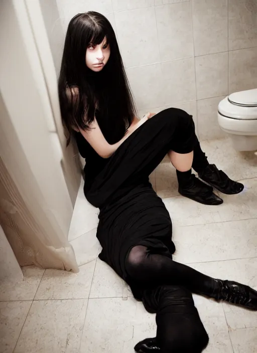 Image similar to a 1 4 year old girl eveline from resident evil 7 with straight long black hair wearing black dress that sitting on bathroom floor, model エリサヘス s from acquamodels