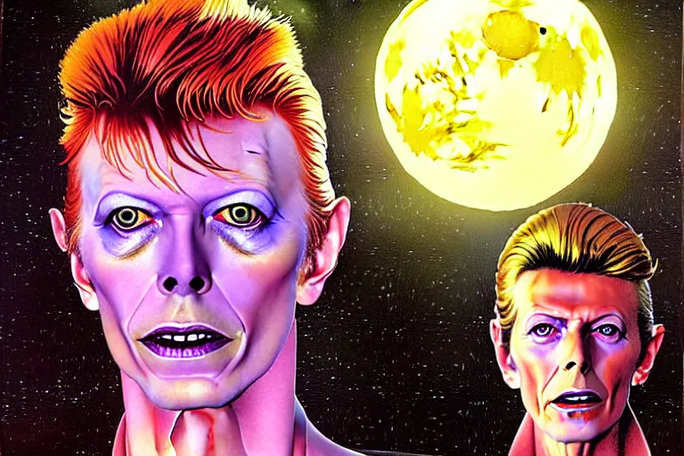 Image similar to a hyperrealist watercolour character concept art portrait of david bowie on a full moon well lit night in las vegas. a ufo is in the background. by rebecca guay, michael kaluta, charles vess and jean moebius giraud