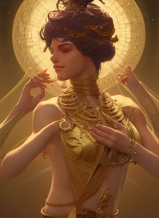 Image similar to Divine cosmic female power, glyphs, magic, artstation, cgsociety, very detailed, intricate, detailed illustration, by artgerm and greg rutkowski and alphonse mucha, octane render, unreal engine, hyperrealism