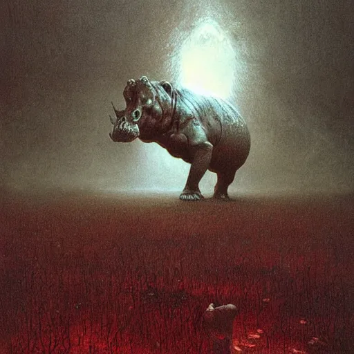 Prompt: hippopotamus, junji ito, beksinski, greg rutkowski, eldritch, horror spooky, cinematic landscape, creepy creature