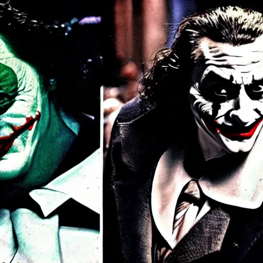 Image similar to Salvador Dali as the joker in dark knight , very realistic! looks at the camera, backlight cinematic dull colors medium close shot from the batman dark knight