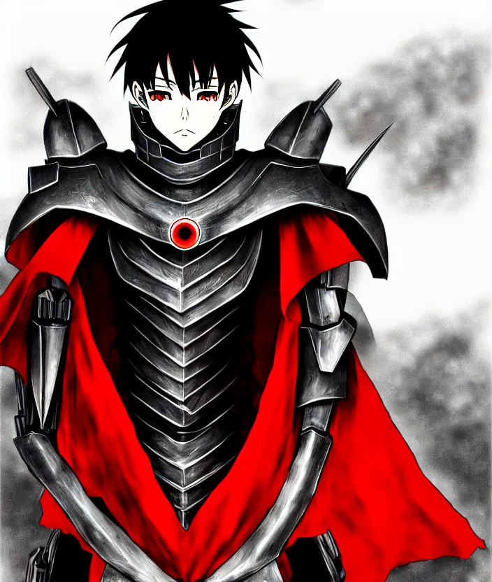 Image similar to a detailed manga illustration character full body portrait of a dark haired armoured cyborg anime man who has a red mechanical eye and is wearing a cape, trending on artstation, digital art, 4 k resolution, detailed, high quality, sharp focus, hq artwork, insane detail, concept art, character concept, character illustration, full body illustration, cinematic, dramatic lighting