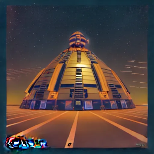 Image similar to low angle shot of a space port at night, pulp art, artwork by Joseph Leyendecker and Robert McGinnis and Alfred Henry Maurer, 3d octane blender render, Hipple and boho fashion 1970s, kraut rock album cover