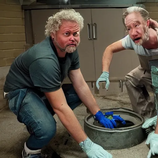 Image similar to found footage of lars and bill, the scientists, emerging from the sewers, guilty