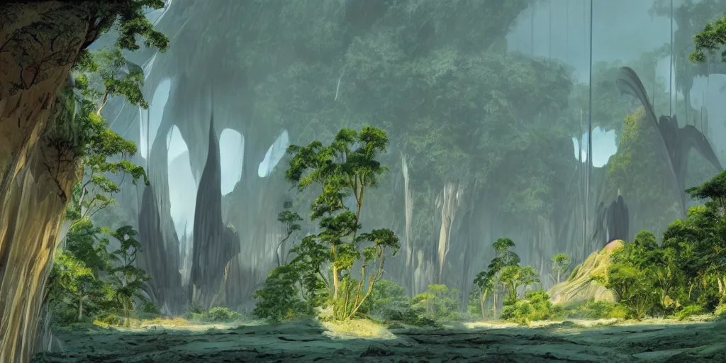 Image similar to a twirly architectural monument right in the middle of a huge crater in a tropical forest, ralph maquarrie and syd mead cinematic matte painting, 4 k