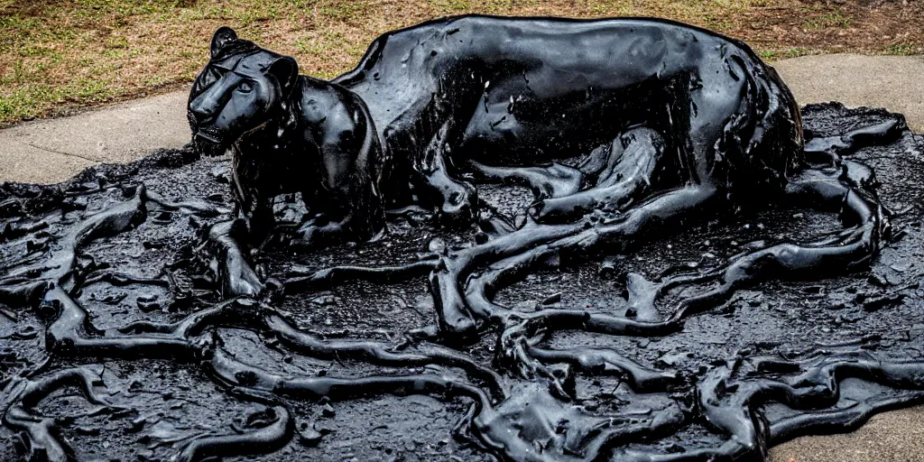 Image similar to the lioness made of tar, reforming from a puddle of tar, viscous, sticky, full of black goo, covered with black goo, splattered black goo, dripping black goo, dripping goo, splattered goo, sticky black goo. photography, dslr, reflections, black goo, zoo, exhibit