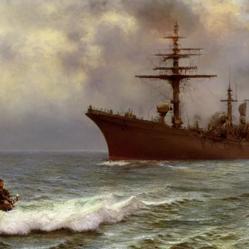 Image similar to detailed cinematic wide shot of swedish sea captain back view seeing his world war 2 battle ship attacking denmark, ultra realistic, spring light, painting by gaston bussiere, craig mullins, j. c. leyendecker