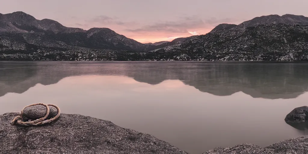 Prompt: a bundle of rope floating in the water in the middle of a lake, a rocky shore in the foreground, mountains in th ebackground, sunset, a bundle of rope is in the center of the lake, eerie vibe, leica, 2 4 mm lens, 3 5 mm kodak film, directed by charlie kaufman, f / 2 2, anamorphic