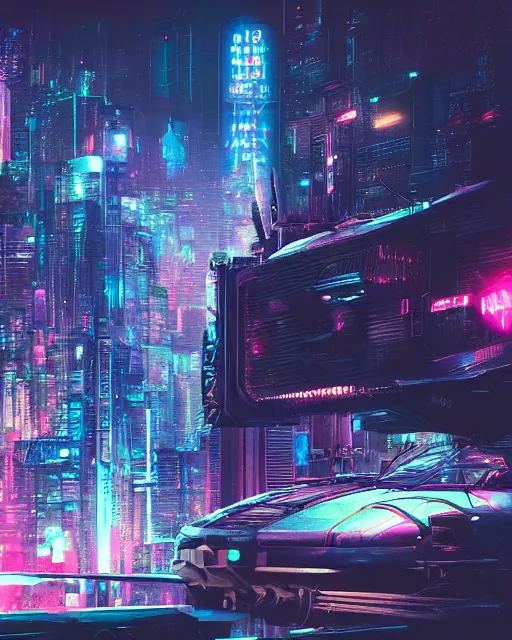 Image similar to cyberpunk vehicle above a city, scifi, futuristic, neon light, highly detailed, concept art, sharp focus, trending on artstation, intricate, atmosphere, raining, art by roman makarenko, dzung phung dinh