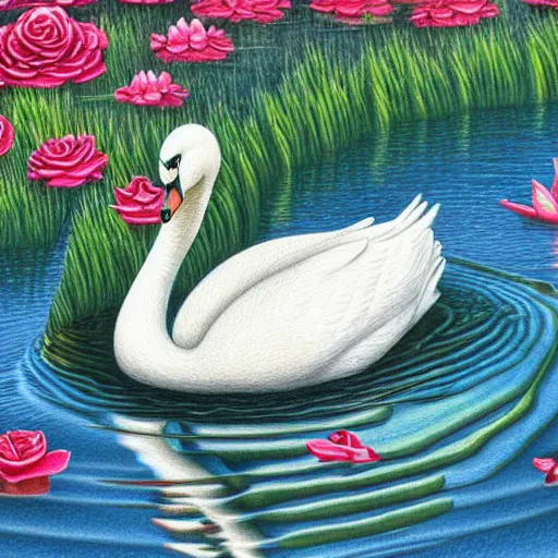 Image similar to colored pencil art on paper, swan seimming in a pond, by casey weldon, highly detailed, artstation, masterpiece, award - winning, caran d'ache luminance