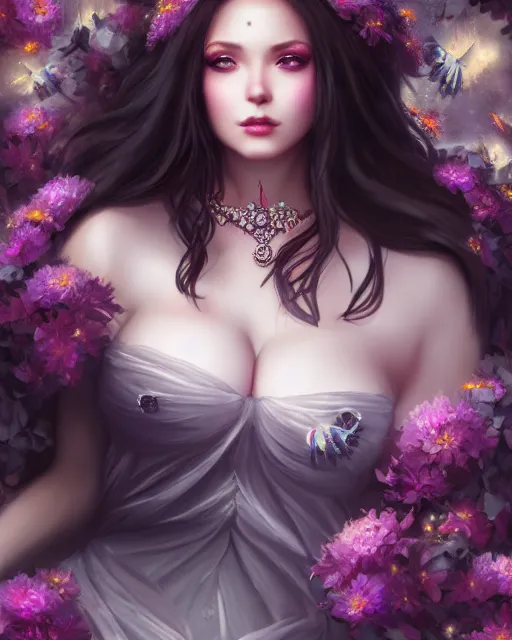 Image similar to dark angel in beatiful dress surrounded by dark flowers and diamonds, very detailed, realistic face, detailed face, matte, tonemapping, bbwchan, perfection, 4 k, cushart krenz