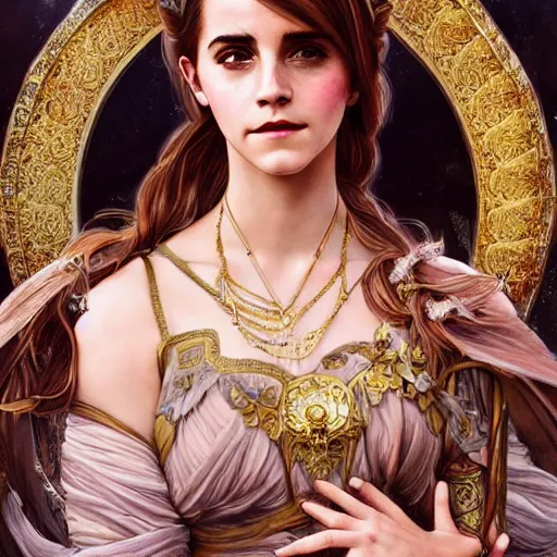 Image similar to Emma Watson as a roman Goddess, cute, fantasy, intricate, elegant, highly detailed, digital painting, 4k, HDR, concept art, smooth, sharp focus, illustration, art by artgerm and H R Giger and alphonse mucha