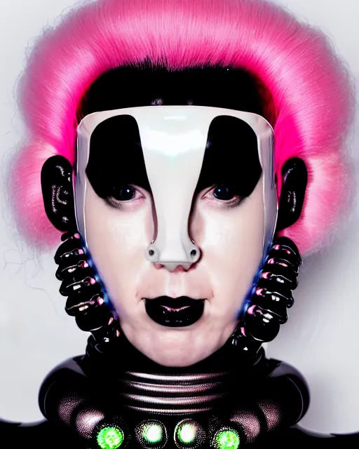 Prompt: symmetrical portrait of a biomechanical cyborg wearing a silicone swarovski studded iridescent beauty mask and neon pink hair buns, wearing a black bodysuit by alexander mcqueen, cream white background, soft diffused light, biotechnology, humanoid robot, bjork aesthetic, translucent, by rineke dijkstra, intricate details, highly detailed, masterpiece,