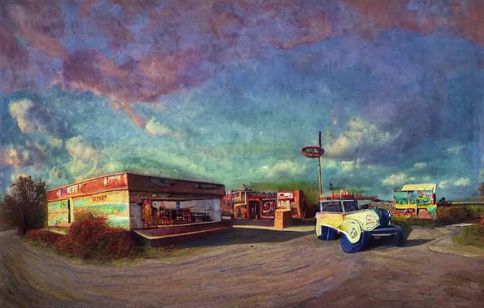 Image similar to A sunset light landscape with historical route66 made by Jheronimus Bosch, jugendstil, gustav klimt, lots of sparkling details and sun ray’s, blinding backlight, smoke, volumetric lighting, colorful, octane, 35 mm, abandoned gas station, old rusty pickup-truck, beautiful epic colored reflections, very colorful heavenly, light colors