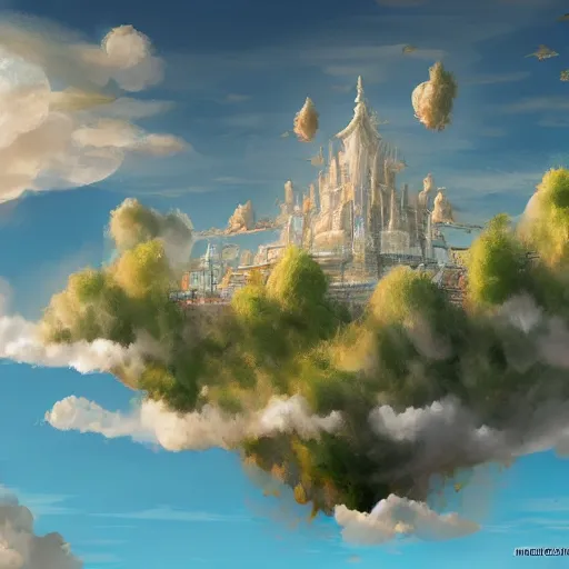 Prompt: floating cloud world, floating cloud palace, floating cloud buildings, paradise, artstation