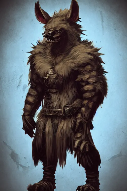 Prompt: scary villain, growling, DND gnoll character, hyena, high fantasy, tribal, World of Warcraft, anthropomorphic character, splashcreen character art, videogame, artstationhd, trending on artstation, detailed fur, beautiful cinematic, mortal kombat, wild dog, gnoll, monster,