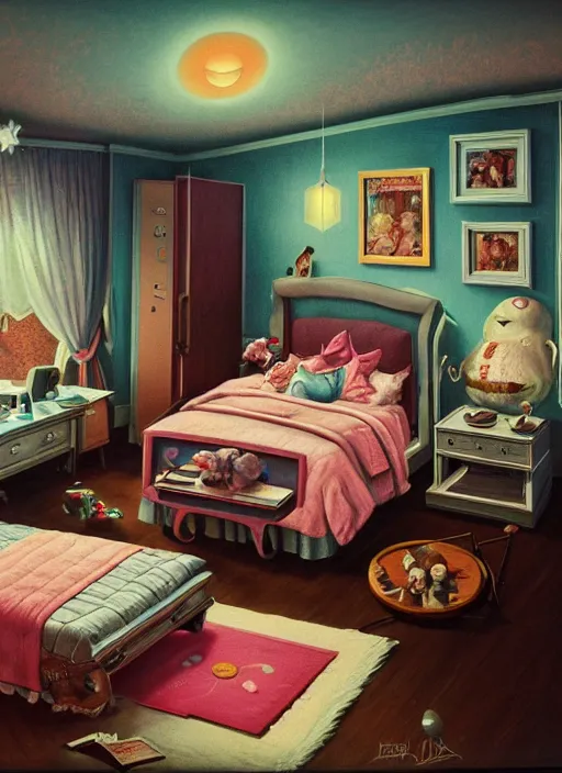 Prompt: highly detailed wide - angle portrait of a retro 1 9 6 0 s bedroom, nicoletta ceccoli, mark ryden, lostfish, earl nore, hyung tae, frank frazetta, global illumination, god rays, detailed and intricate environment
