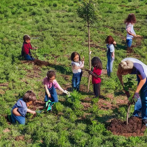 Image similar to a group of children planting trees in front of a clean white sci fi containment building with a utopian city in the distance, hyper realistic, 4 k, hd, artstaion, harsh light, overhead shot