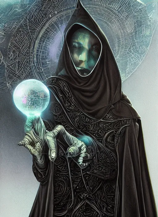 Image similar to wizard in a hooded cloak gazing into a crystal ball, high details, intricately detailed, by vincent di fate, artgerm julie bell beeple, inking, screen print