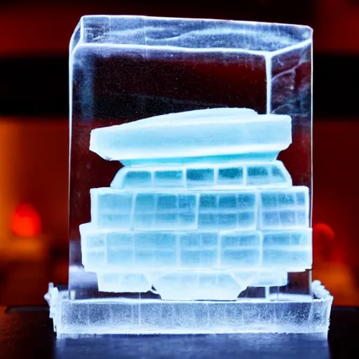 Image similar to a clear ice sculpture of a burger made entirely of ice, 4 k