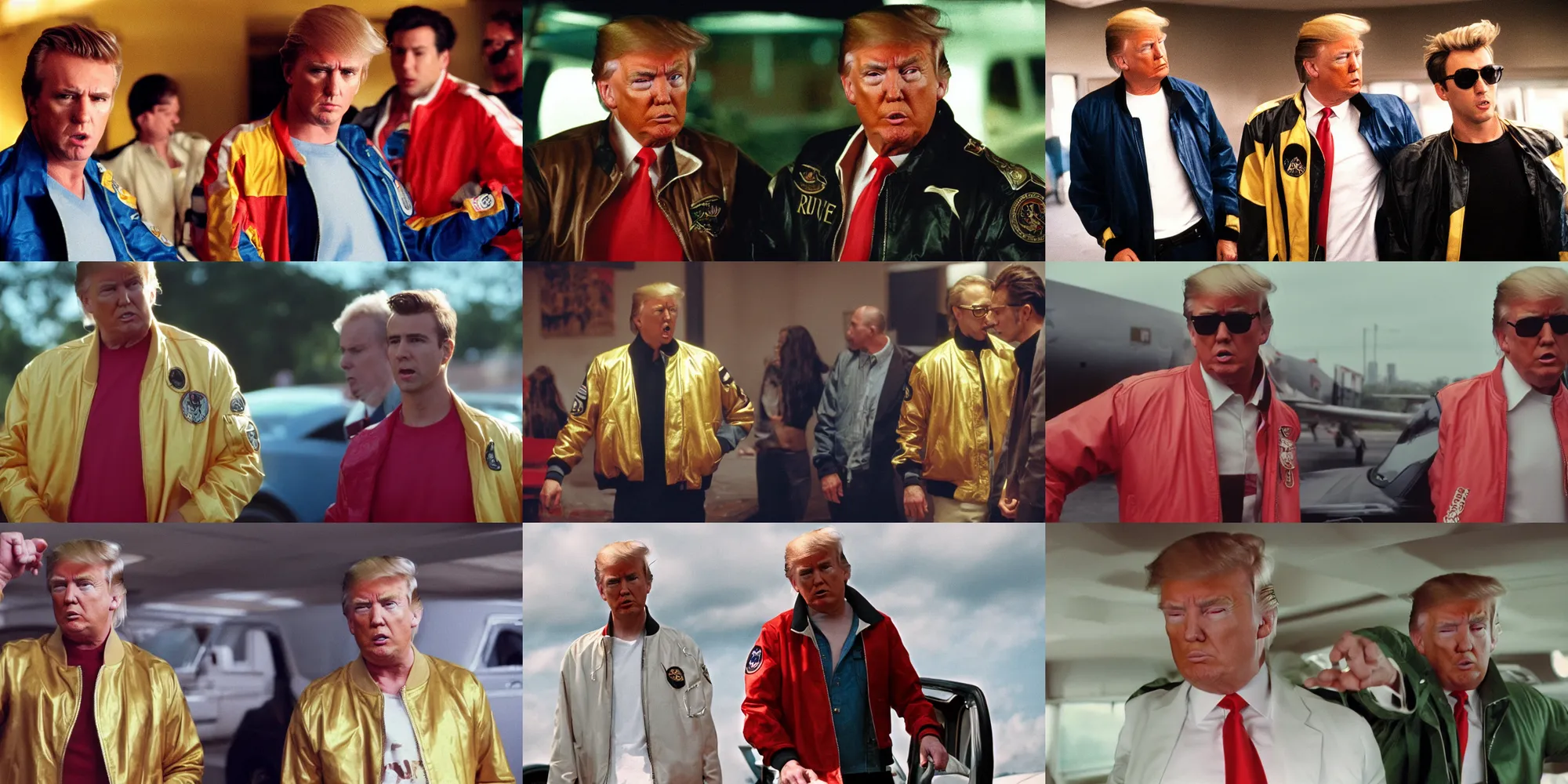 Prompt: donald trump wearing the golden scorpion bomber jacket in drive ( 2 0 1 1 ), cinestill 8 0 0 t, 1 9 8 0 s movie still, film grain