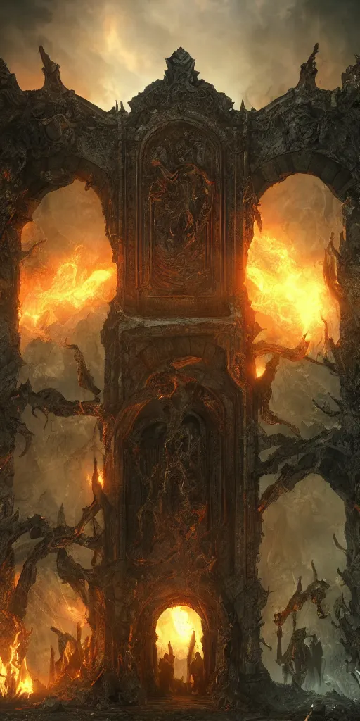 Prompt: The gate of hell in heaven, dramatic lighting, 8K HDR, octane render, unreal engine 5, tarot card, fantasy, concept art, digital art, trending on DeviantArt, trending on Artstation, high quality, highly detailed, high color contrast, path tracing