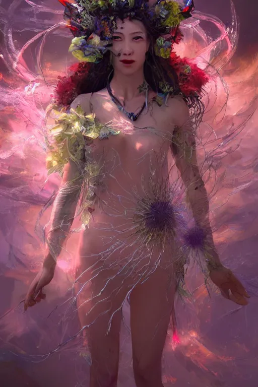 Prompt: beautiful girl witch - doctor exploding into flowers electricity crystal dress, angels, 3 d render, hyper - realistic detailed portrait, holding electricity and birds, ruan jia, wlop. scifi, fantasy, magic the gathering, hyper detailed, octane render, concept art by artgerm, peter mohrbacher
