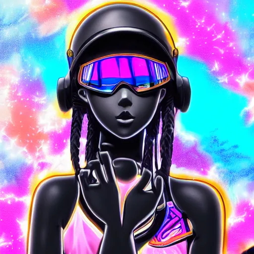 Prompt: : extremely beautiful photo of a black marble statue of an anime girl with colorful skateboard logos all over and helmet with closed visor, colorful hyperbolic background, fine art, sailor moon, neon genesis evangelion, virgil abloh, offwhite, denoise, highly detailed, 8 k, hyperreal