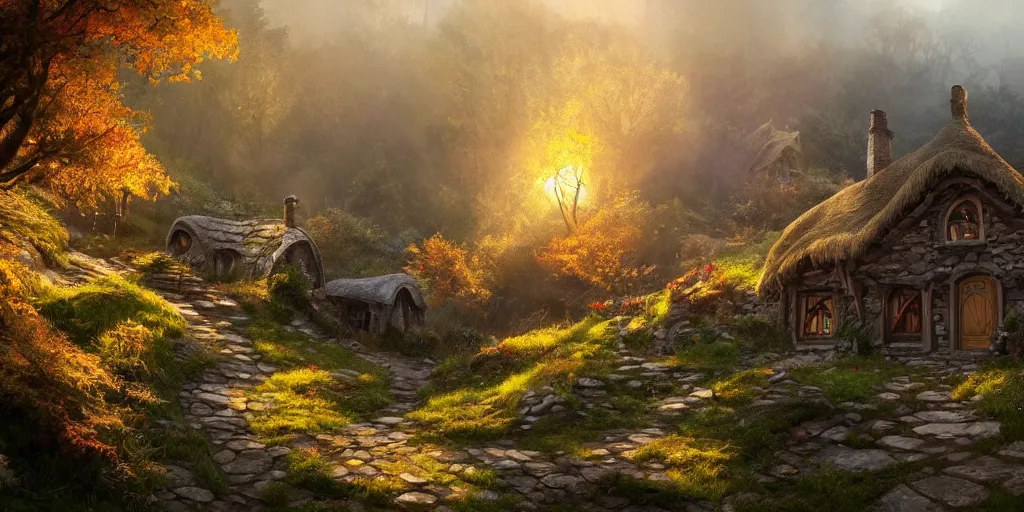 Image similar to a hobbit cottage on top of a steep hill, greg rutkowski, zabrocki, moebius, karlkka, jayison devadas, highly detailed, autumn sunlights, smoky atmosphere, ( ray of sunlight ), trending on artstation, 8 k, ultra wide angle, zenith view, pincushion lens effect