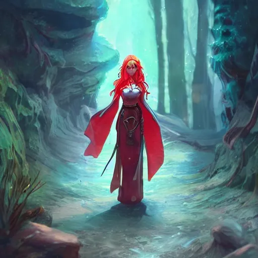 Prompt: a female elven cleric with red long hair in a very good beautiful heavy scale armor, wearing a cape, casting a fire spell, dungeon background, magical, bright, colorful, fantastic lighting, amazing details, 4 k uhd, illustration by hayao miyazaki and makoto shinkai and ilya kuvshinov, artstation, pixiv,