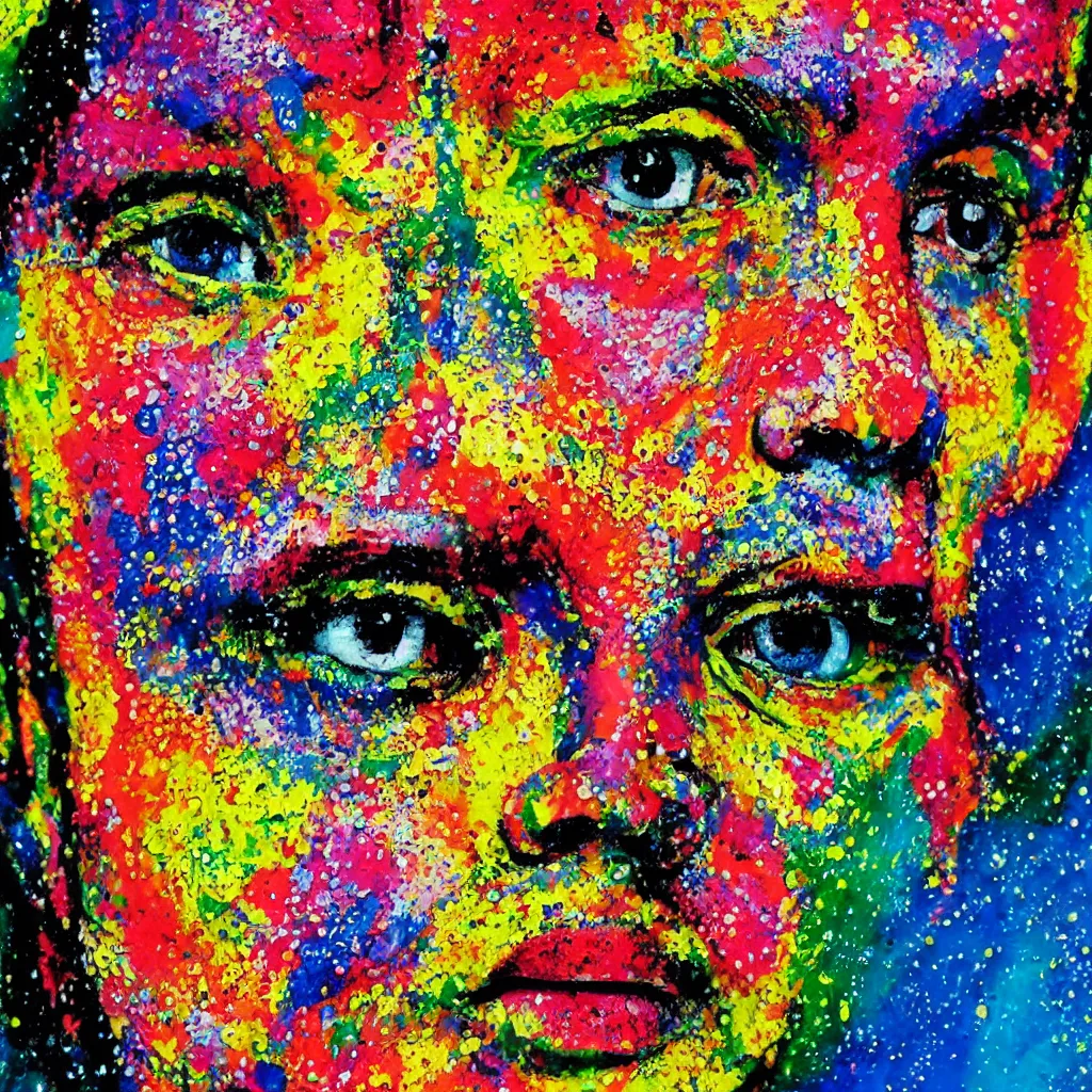 Image similar to intricate face with dots of paint melting in to a colorful painting made of gouache impasto