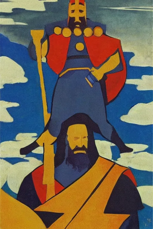 Image similar to thor with hammer, marvel, artwork by nicholas roerich,