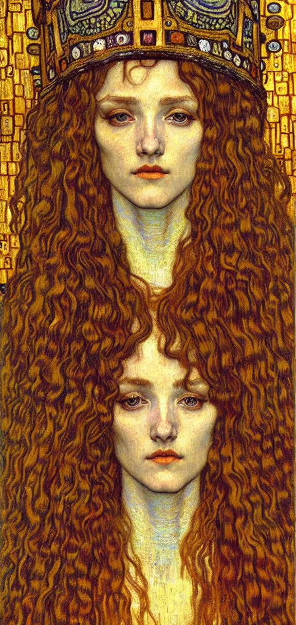 Image similar to detailed realistic beautiful young medieval queen face portrait by jean delville, gustav klimt and vincent van gogh, art nouveau, symbolist, visionary, gothic, pre - raphaelite, muted earthy colors, desaturated