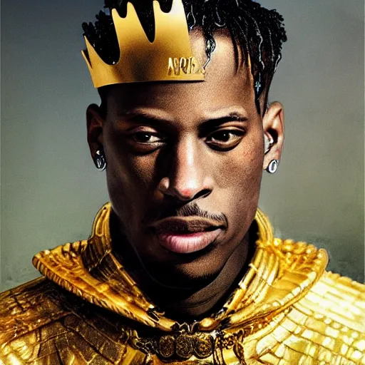 Prompt: travis scott with a golden crown, album cover,, a character portrait by weiwei, cgsociety, sots art, official art, art, character,